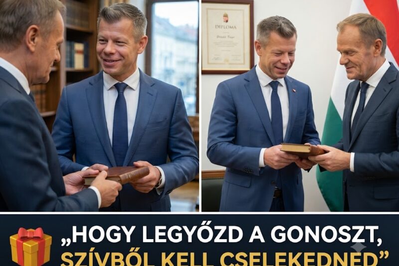 🎁 „Hogy legyőzd a gonoszt, szívből kell cselekedned” – videón, ahogy Donald Tusk megajándékozza Magyar Pétert